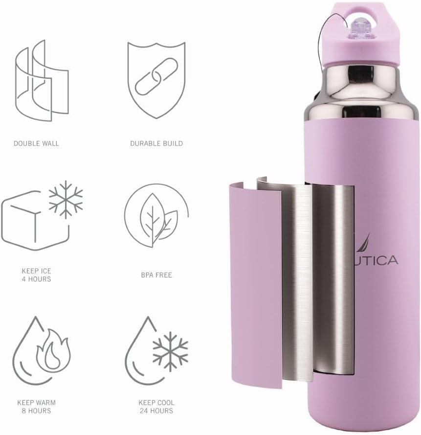 Nautica Insulated 21oz Sleek Stainless Steel Water Bottle with Flip Lid Straw, Leakproof, BPA-Free, Wide Mouth, Keeps Drinks Hot or Cold, Sports Bottle Ideal for Gym, Hiking and Travel (PASTEL PINK) - Image 4