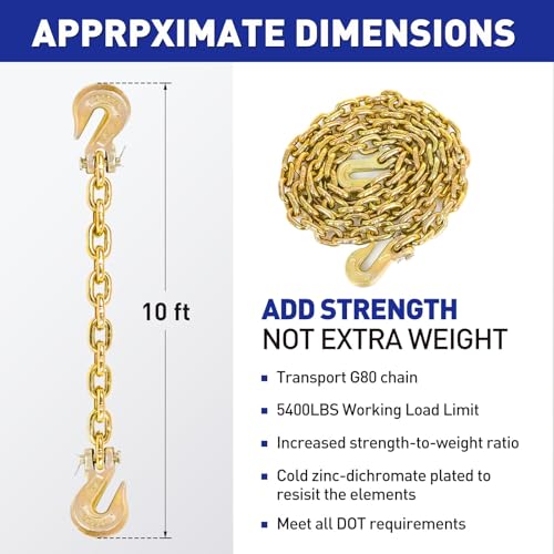 Image of G80 Tow Chain, 3 /8 inch x 10FT Load Binder Chain with 5400 LBS Safe Working Load, G80 Heavy Duty Logging Chain for Transporting, Towing, and Tie-Down Binding Equipment
