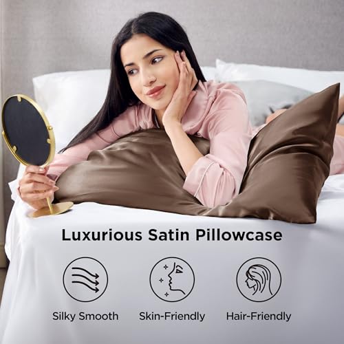 Image of Bedsure King Size Satin Pillowcase Set of 2 - Brown Pillow Cases for Hair and Skin with Envelope Closure, Similar to Silk Pillow Cases, Gifts for Women Men, 20x36 Inches, 2pcs