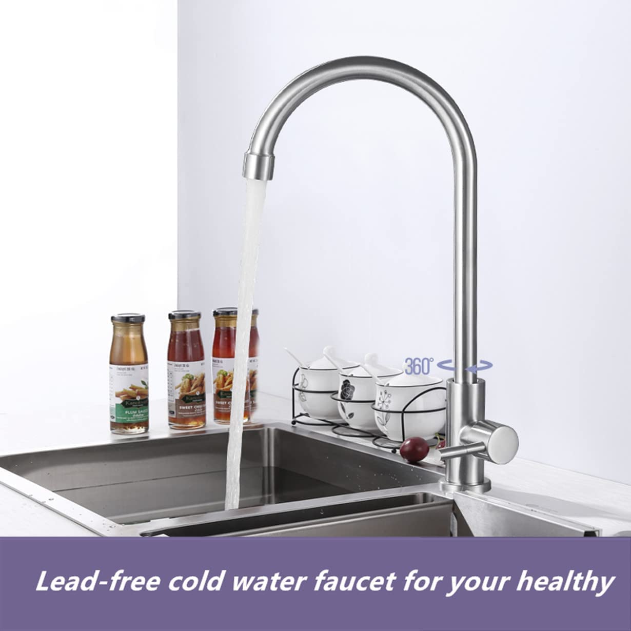 Grifo de agua fría solamente, grifo de cocina de agua fría de un solo agujero, níquel cepillado, grifo frío de acero inoxidable para cocina. Al aire libre (tuerca de acero inoxidable, varilla roscada