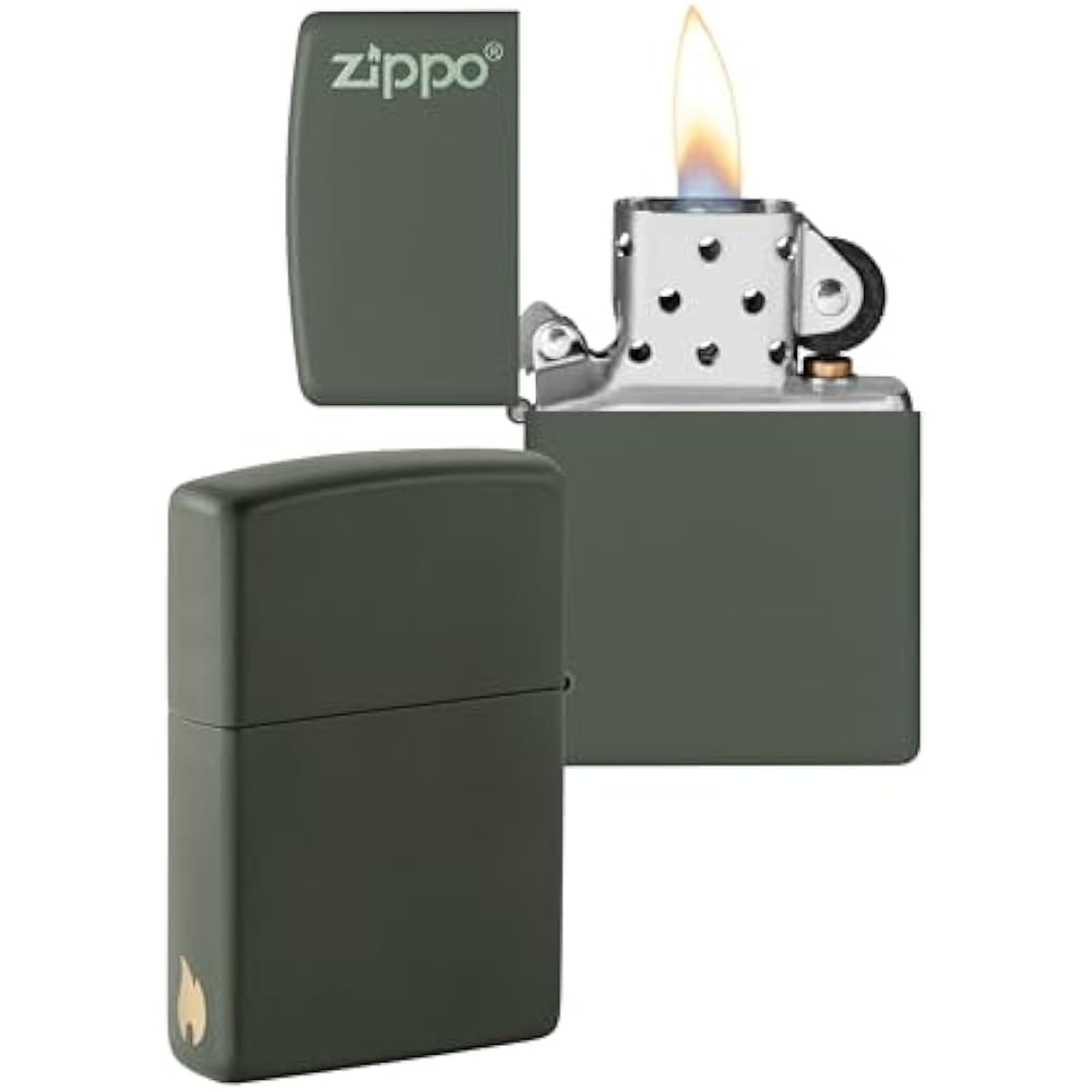Windproof Lighter - Logo & Flame Design - Green Matte - Refillable - Reusable - Windproof - Gift Box - Metal - Made in USA - Amazon Exclusive