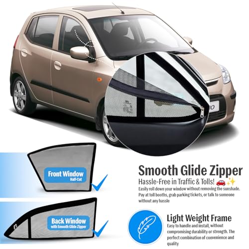 Image of Autofact Magnetic Car Sunshades Compatible with Hyundai i10 Old (2007 to 2017) (Set of 4) - Easy Installation, UV Protection (Front 2 Half-Cut for Side Mirror Visibility, Rear 2 with Zippers)