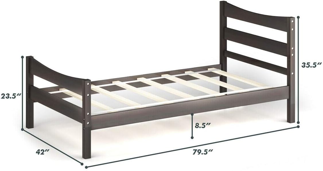 Diagram showing the dimensions of the DORTALA Twin Bed: 79.5 inches length, 42 inches width, and 35.5 inches height for the headboard, with 8.5 inches of under-bed clearance.