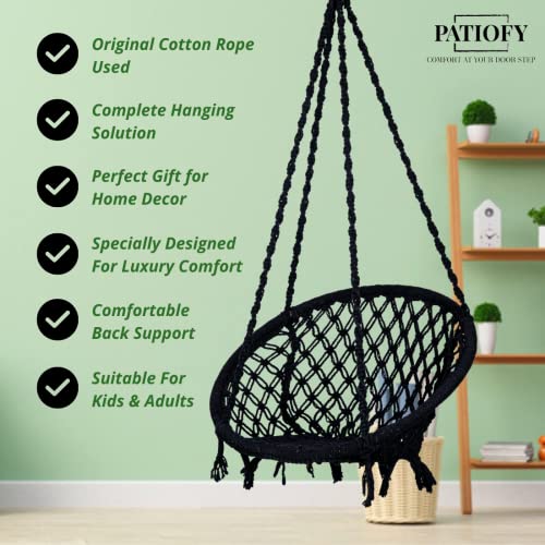 Image of Patiofy Cotton Netted Round Large Swing for Adults /Swing for Balcony /Swing Chair for Adults for Home /Hammock Swing for Adults /Swing Chair Wooden /Without Hanging Kit (120Kgs Weight Capacity- Black)