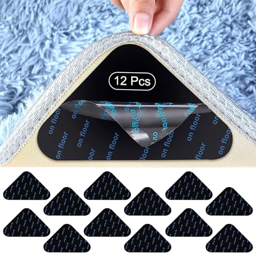 RZMZBY 12PCS Antiscivolo e Riutilizzabili Tappeto Gripper, Tappeto Gripper Anti-Slip Mat, anti arricciatura, lavabili e riutilizzabili, Adesivi Antiscivolo per Tappetini, per pavimenti in legno (Nero)