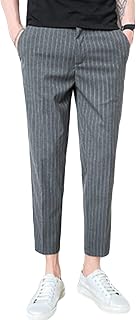 Striped Cropped Dress Pant for Men Slim Fit Flat Front Business Trousers Stretch Skinny Ankle Length Chino Pants