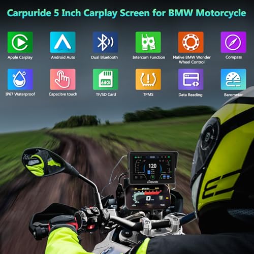 2025 CARPURIDE W502BS PRO for BMW Motorcycle CarPlay & Android Auto Dual Bluetooth, 5" Waterproof GPS Navigation Screen, Data Reading, Native Wonder, TPMS, Light Sensor, Music Sharing, Intercom
