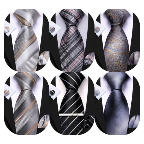 Image of Barry.Wang Men 6PCS Tie Silk Gift Necktie Clip Woven Tie Sets Party