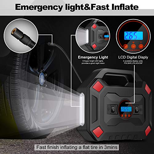 Portable Air Compressor Tire Inflator, DC 12V Air Compressor Tire Inflator with Digital Pressure Gauge LED Light, Auto Tire Pump Air Pump for Car, Bicycle, Motorcycle, Balls - Thumbnail 2