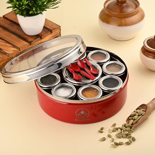 Image of 12-in-1 Stainless Steel Spice Box (Royal Red) | Masala Dabba with 8 Containers + 1 Divider (4 Sections) + 3 Spoons | Airtight Kitchen Organizer, Traditional Look