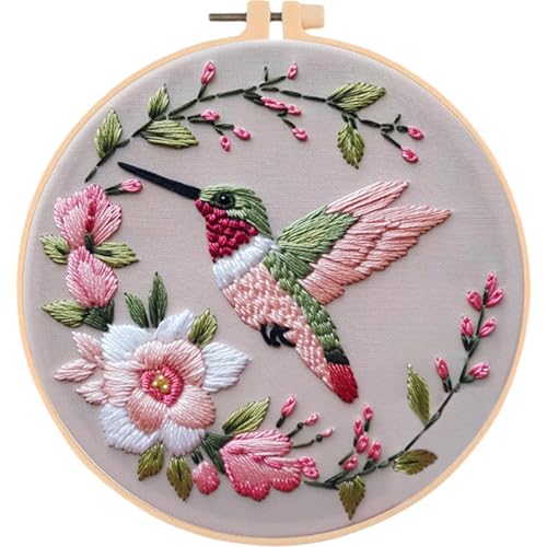 Needlework Embroidery Kit for Beginners,Flower Hummingbird Pattern Handmade Cross Stitch Sewing Craft Kit with Pre-Stamped Patterns,7.87 inch Hoop,Floss & Needles for Craft Lover Gifts