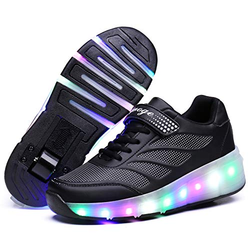 Charmstep Unisex Niños Zapatillas con Ruedas LED Luz Parpadea Deportes al Aire Libre Skateboard Sneaker Automáticamente Retráctiles Zapatos de Roller Niño/Niña,Black1,40EU