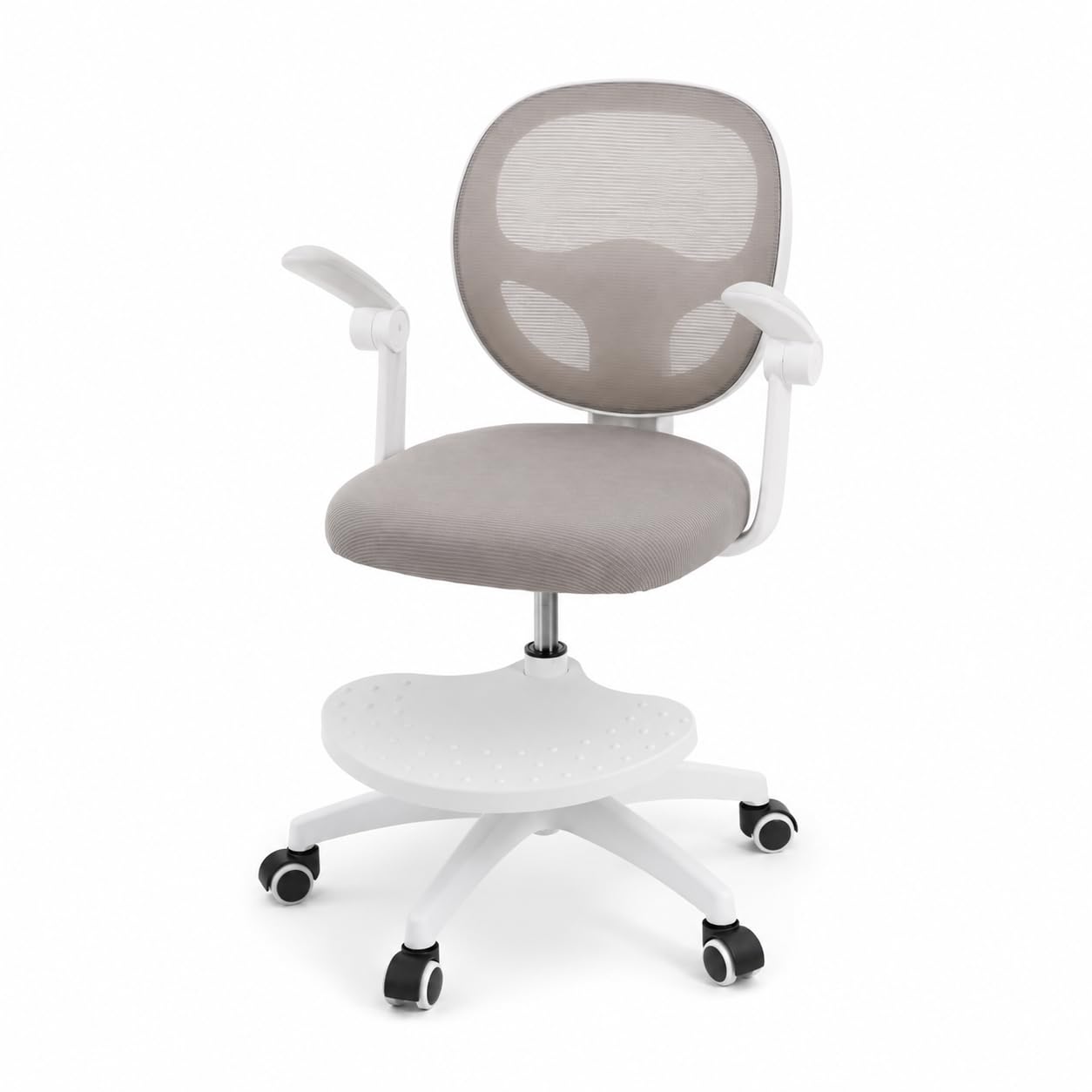 Sedia da scrivania per bambini, regolabile in altezza, 50 kg, grigio | rete, schiuma, forma a sella, pieghevole a 90°, 50 kg, ruote a gravità, girevole a 360°, seduta da 10 cm + poggiapiedi, 5-13J