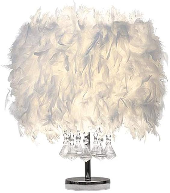 Feather Table Lamp, Vintage Elegant Bedside Desk Crystal Light White Lampshade for Bedroom Foyer Living Reading Sitting Room Decorations with Free Light Buld