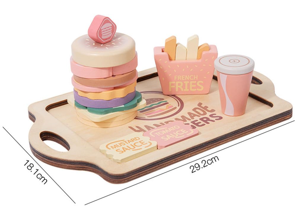 Set di Gioco di Finzione di Fast Food in Legno, Giocattolo Cibo Hamburger Patatine Bevanda