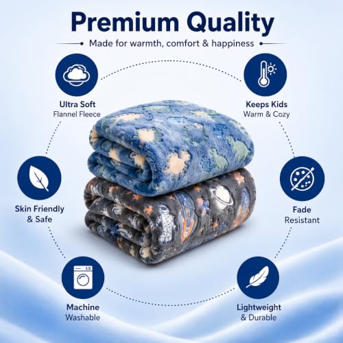 Image of Glow in The Dark Blanket for Kids Pack of 2 Soft Fleece Flannel Throw Blanket Blue & Grey Reindeer Snowflake Design Winter Blanket 150 x 200 cm