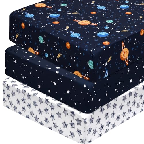 Image of PHF 3 Pack Soft Space Crib Sheets Fitted, Silky Comfy Breathable Baby Sheets for Boys Girls Neutral, 28x52 Inches Fits Standard Crib and Toddler Mattresses, Space