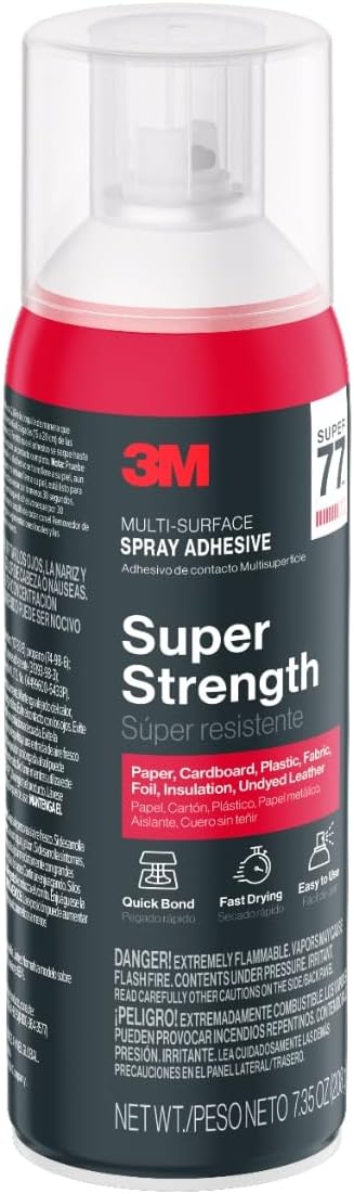 3M Super 77 Multi-Surface Spray Adhesive, 7.35 oz., Low VOC, Quick Bond, Fast Drying, Clear Finish for Foil, Foam, Paper, Metal, Plastic, Fabric, and Cardboard (77-10-NAT), 4-Pack