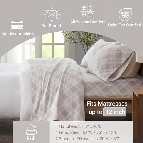 True North by Sleep Philosophy Cozy Flannel Warm 100% Cotton Sheet - Novelty Print Animals Stars Cute Ultra Soft Cold Weather Bedding Set, Full, Pink Plaid 4 Piece