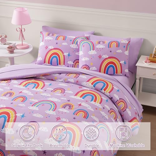 Full Size Comforter Set for Boys-7 Pieces Purple Rainbow Glow in The Dark Full Bedding Sets for Kids, Ultra Soft Bed in A Bag with Sheets