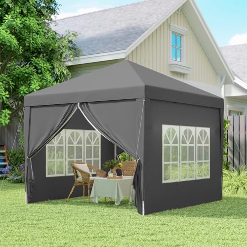 Outsunny 3 x 3 m Garden Pop Up Gazebo, Wedding Party Tent Marquee, Water Resistant Awning Canopy with Sidewalls, Windows, Carry Bag, Grey - Image 7