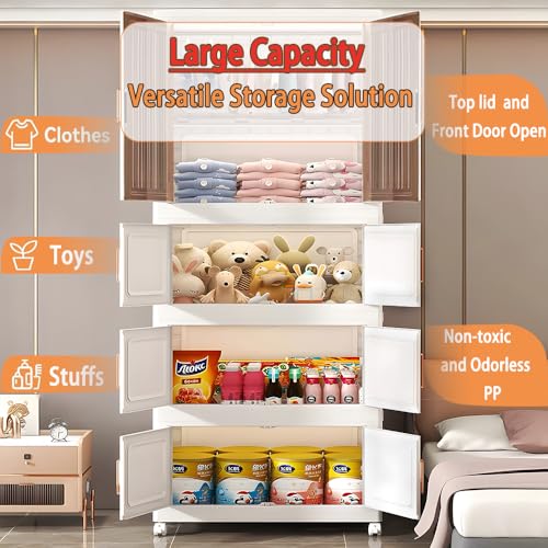 Image of EXVITO 2 Tier Stackable Kitchen Storage Drawer Organizer Cabinet with Transparent Doors, Multi-Layer Storage Bin, Space-Saving Pantry Organizer, Cupboard for Clothes, Storage Rack - Off White