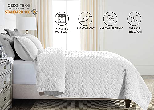 Moonline Quilt Set Full/Queen Size White 3 Piece,Stone Washed Lightweight Soft Microfibre Classic Geometric Diamond Pattern Reversible Quilted Bedspread&Coverlet (1 Quilt And 2 Pillow Sham) #TOP6