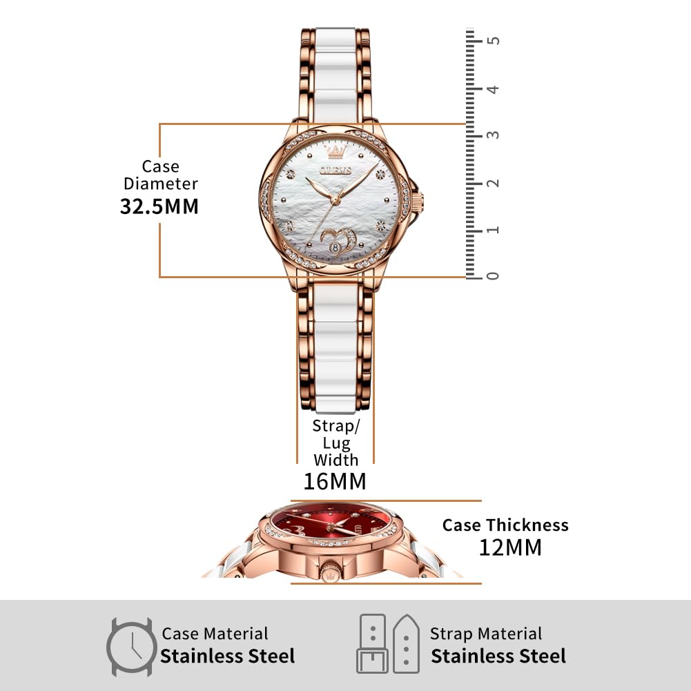 OLEVS Orologio da donna automatico a carica automatica, in oro rosa con diamanti, orologio da polso in ceramica bianca per donne Love Heart Date, Quadrante bianco, orologio automatico