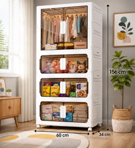 Image of YASONIC Plastic Wardrobe for Kids, Baby Cupboard for Storage, 12 Cubes Almirah, Cupboard for Clothes, Collapsible Wardrobe for Metal Utility Storage Cart with Wheels (WHITE-SJM01060-3)