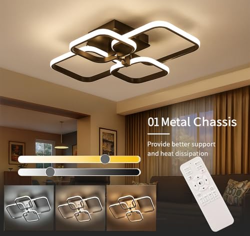 Image of PANCA Modern LED Chandelier Light for Ceiling | 3-Color Dimmable Ceiling Light with Remote Control | Acrylic Flush Mount Fancy Lighting for Living Room, Bedroom & Hall (58x45x12cm, Black)