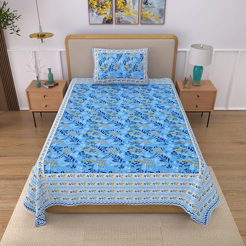 Image of 100% Cotton Single Bedsheet with 1 Pillow Cover | 240 TC Pure Cotton Flat Bed Sheet | Traditional Jaipuri Printed Bedding Set | Soft & Breathable | 60 x 90 Inch (Rangmahal Single 21)