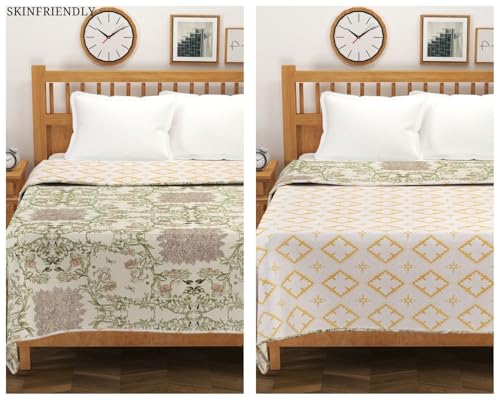 Image of Amazon Brand - Umi Blanket for Double Bed, 120 GSM Microfiber Single Layered Quilted Dohar, Soft Lightweight Reversible Printed AC Blanket Double Bed for All Season (Green & White, 220 x 240 cm)