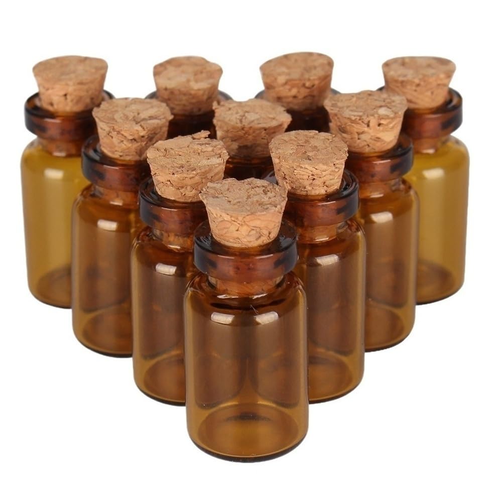 GOCENJIU Cork Stopper Jar 1ml Brown Tiny Glass Bottles with Cork Stopper, Durability Small Jars Mini Vials for DIY Crafts 50pcs