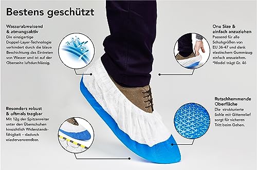 URBAN MEDICAL 100x Extra starke 12g Einweg/Mehrweg Schuhüberzieher mit rutschfester Sohle - LONG LIFE - Wasserdicht & reißfest - Überschuhe für In- und Outdoor - ONESIZE