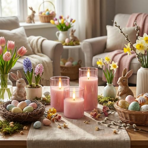 Image of Homemory Pink Glass Flameless Candles, Battery Operated LED Pillar Candles with Remote & Timer, Real Wax Flickering Candles, Romantic Decorative Lights for Home Wedding Party, Set of 3