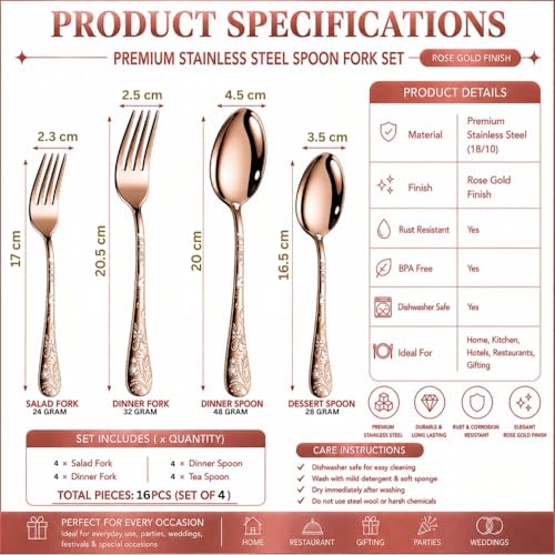 Image of Classic Rose Gold 16 Pcs Stainless Steel Cutlery Set for Dining Table, Dishwasher Safe Glossy Flatware (Perfect Spoon Fork Set)