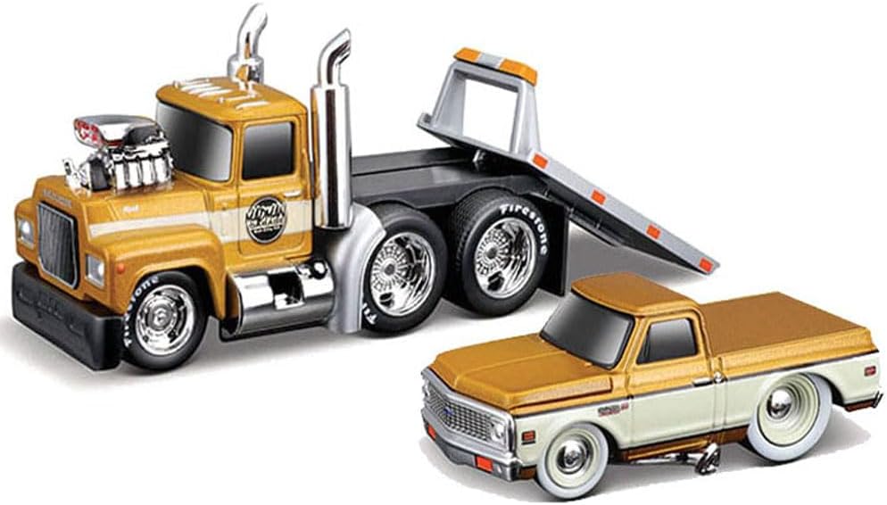Muscle Machines 1980 A685ST Flatbed Truck Gold Metallic with Beige Stripes & 1972 Chevy C10 Pickup Truck Gold Metallic and Beige Muscle Transports Series 1/64 Diecast Models 11555GRN