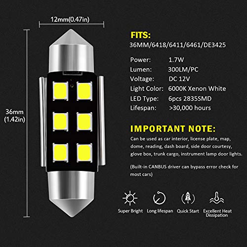 Auxlight 6418 6411 De3425 C5W De3423 36Mm 1.42”Festoon Canbus Error Free Led Interior Light Bulbs 6000K Xenon White, Super Bright 6Smd Chips For Dome Map Door Courtesy License Plate Lights (Pack Of 6) #TOP2
