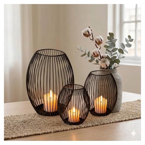3-Piece Lantern Candle Holder Set, Black Metal Lanterns Decorative Indoor with Openable Design & Heat-Insulation Trays, Rust-Resistant Powder-Coated Finish, Multi-Size Home Décor Lanterns