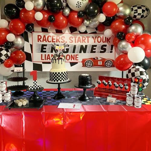 Image of 3Pack Iridescent Race Car Plastic Tablecloth, Disposable Shiny Laser Red and Black Checkered Table Cloth, Holographic Foil Rectangle Tablecloth for Race Car Boys Birthday Party Decorations, 54x108Inch