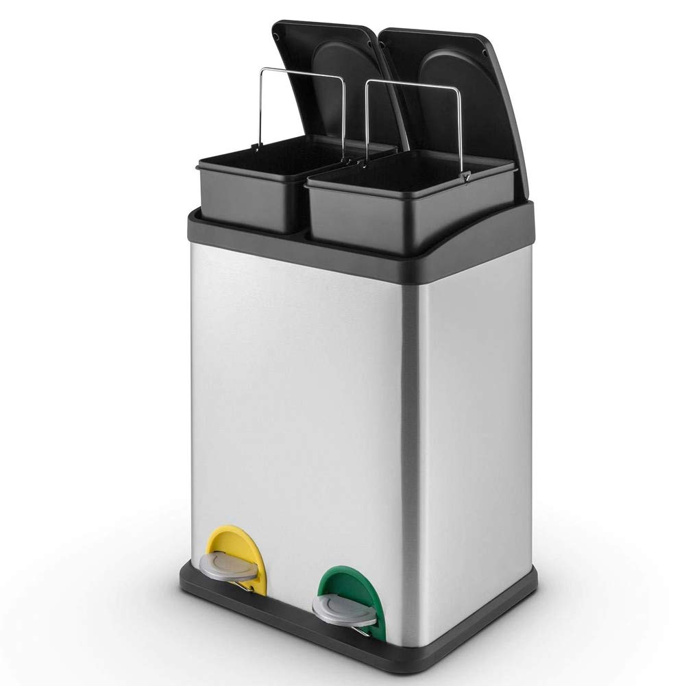 BAKAJI Cubo de basura de reciclaje de acero inoxidable y plástico con compartimentos, contenedor de basura extraíble con apertura a pedal, para casa, cocina y exterior (30 litros)