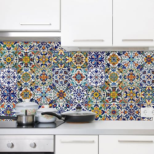 Azulejos Adhesivos Cocina 20x20 cm Mandala Amarilla Y Azul Vinilos Baño Azulejos Impermeable Azulejos Adhesivos Baño Vinilo Pared Decoración de Muebles Azulejos Adhesivos (24 Piezas)