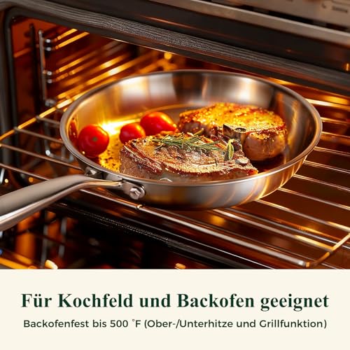 Terlulu Dreilagige Edelstahl-Bratpfannen-Set 20/26/30 cm – Edelstahlpfanne unbeschichtet & Induktionspfanne, PTFE/PFAS/PFOA-frei, Für Alle Herdarten, Schnellwärmend, Backofenfest & Spülmaschinenfest
