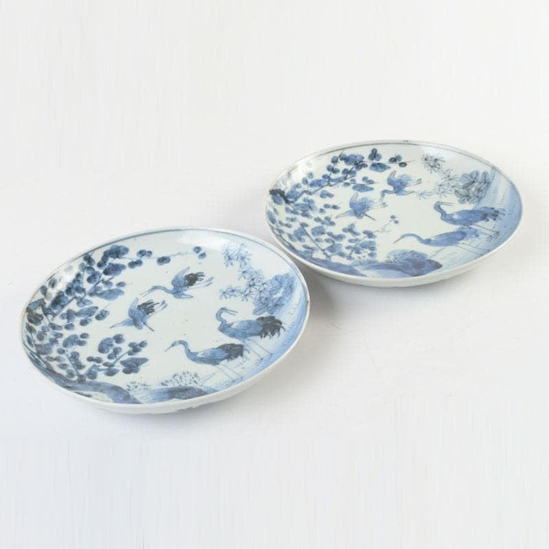 食器・グラス・カトラリー 中国 青花 花草鳥文盤 皿 一對 在銘 C 9290