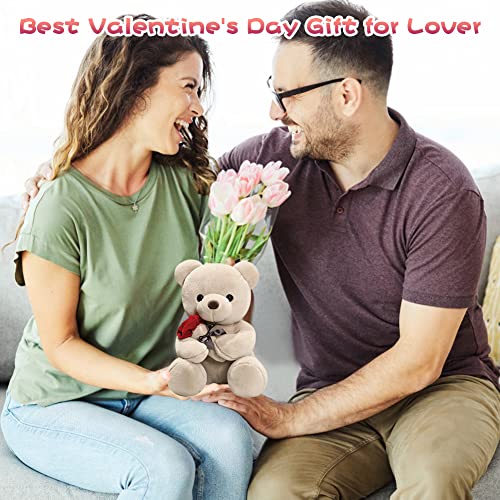Teddybär, Plüsch-Bär, Teddy mit Rose, 23 cm Teddybären Rose Stofftier Spielzeug Dekozimmer Kissen, Plüschtier Kuscheltier Schmusetier Geschenke für Mama, Kinder Mädchen, Geburtstag, Valentinstag