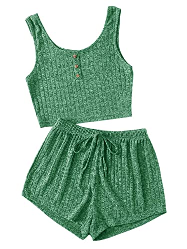 Image of SOLY HUX Women's Button Front Ribbed Knit Tank Top and Shorts Pajama Set Sleepwear Lounge Sets