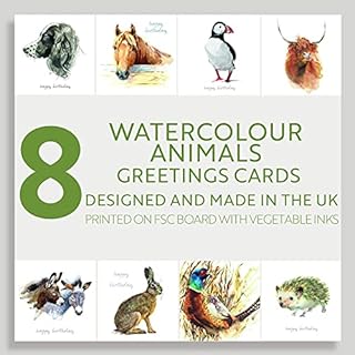 Greetings Cards set Watercolour animals | eco friendly | handpacked in the UK | Male Female | greeting card multipack | Mixed Pack of 8 Designs Birthday and Blank Cards and Envelopes