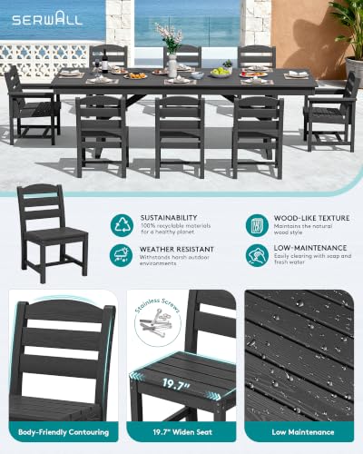 Image of SERWALL 9 Piece 84 inch HDPE Outdoor Dining Set with 6 Armless Chairs, 2 Armchairs and Umbrella Hole for 8, Black