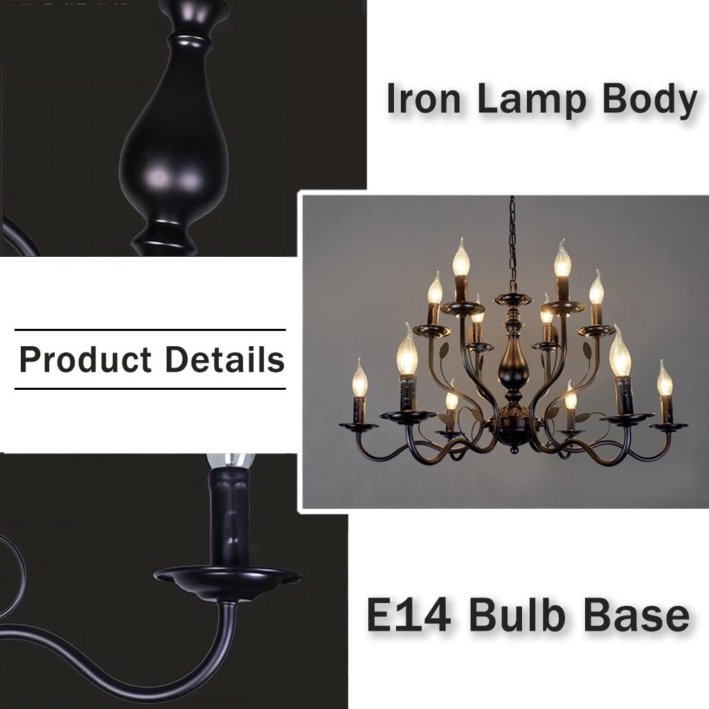 LYSDjia Lustre Noir E14 Salon Plafonnier En Métal 12 Lumières Double