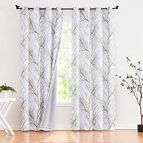 Green White Blackout Curtains 96 inches Long Grey Forest Tree Branch Print Window Panels with Grey Curtain Liner for Bedroom Living Room Thermal Insulated Curtain Drapes Grommet Top 50"w x 2Pcs
